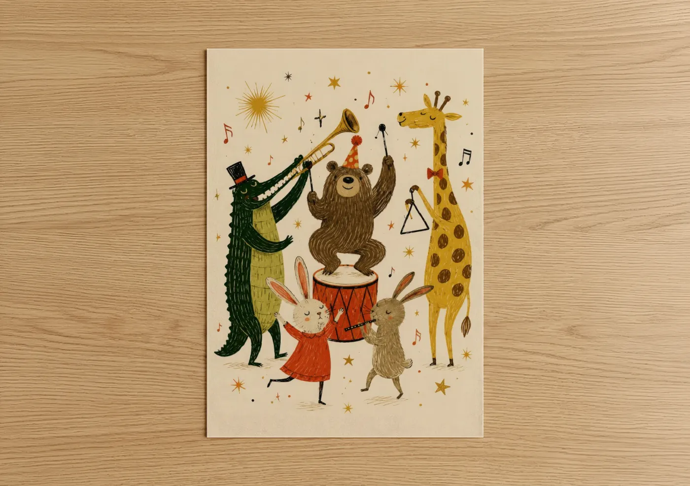 Bear art print on warm oak wood — beige and mustard palette — Whimsical Animal Band Wall Art poster