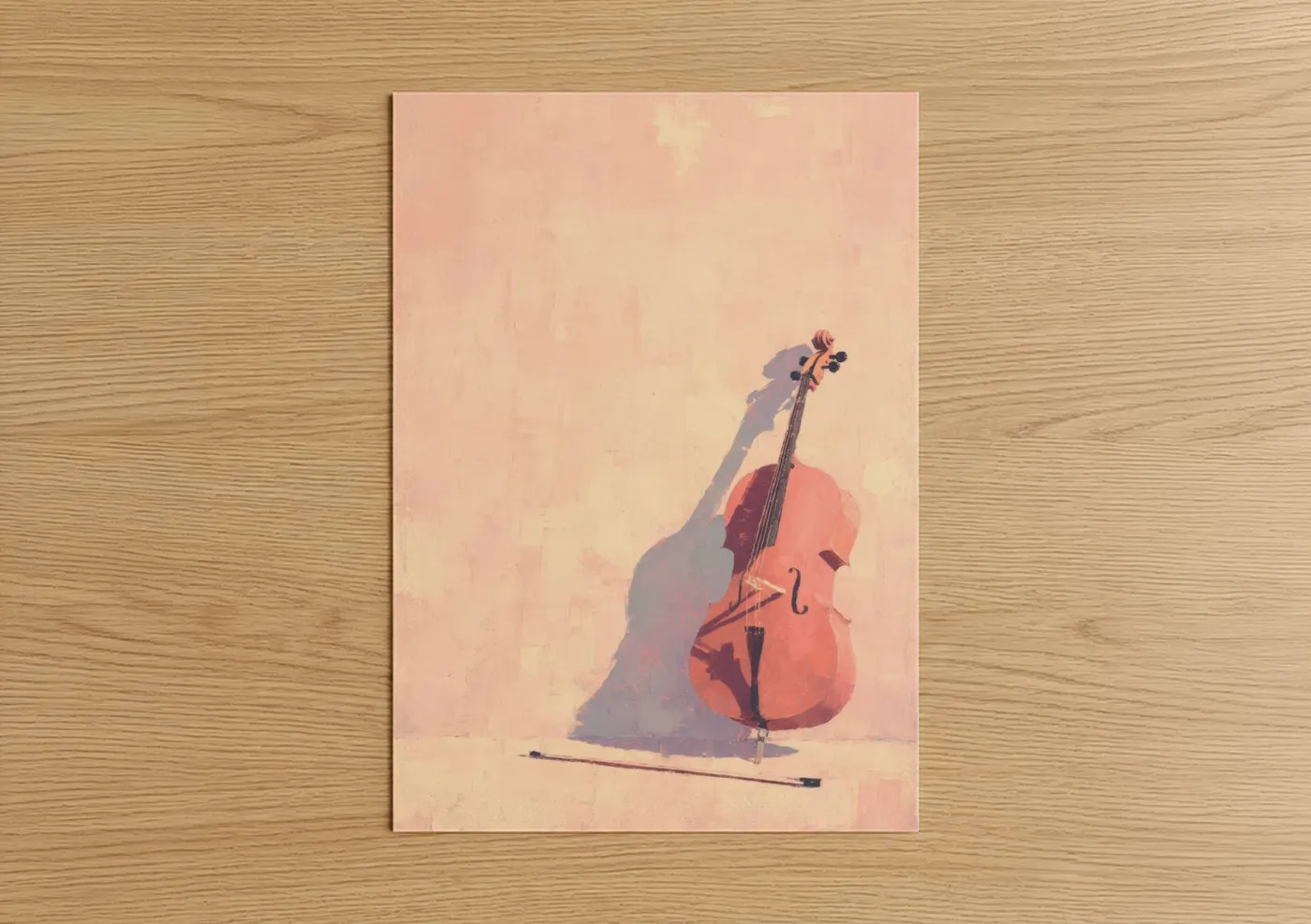 Art print on warm oak wood — peach and rose gold palette — Crimson Cello poster