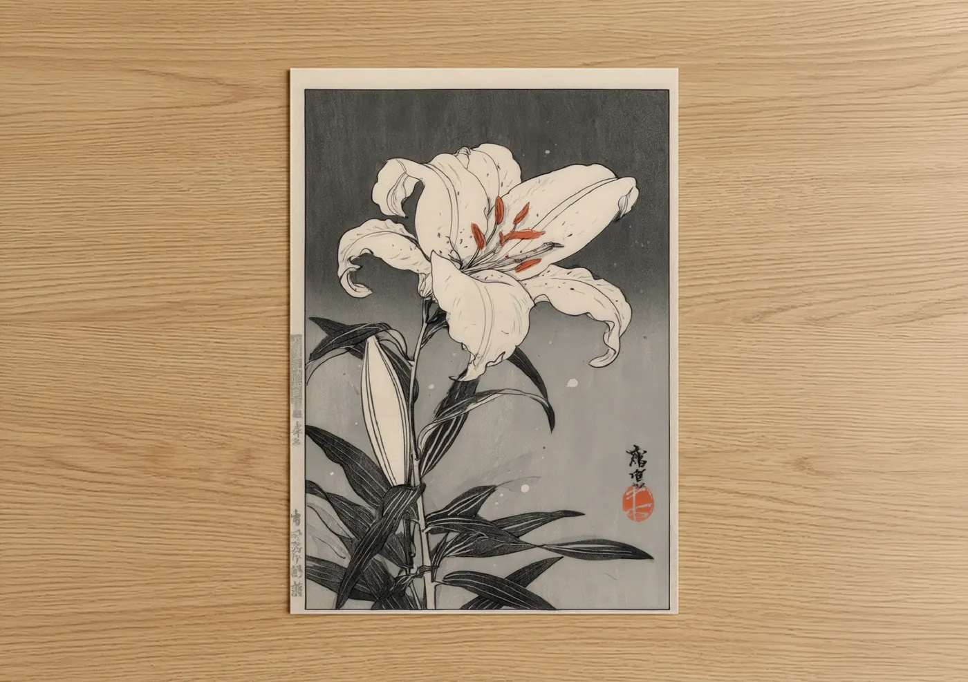 Amarillys art print on warm oak wood — white and gray palette — White Amaryllis Bloom poster