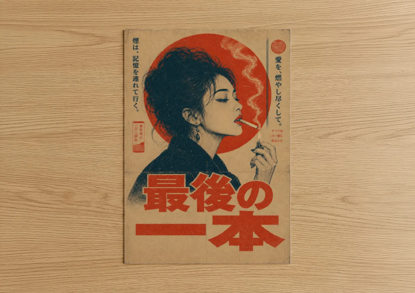 Art print on warm oak wood — red and beige palette — Vintage Japanese Smoking Woman Wall Art poster