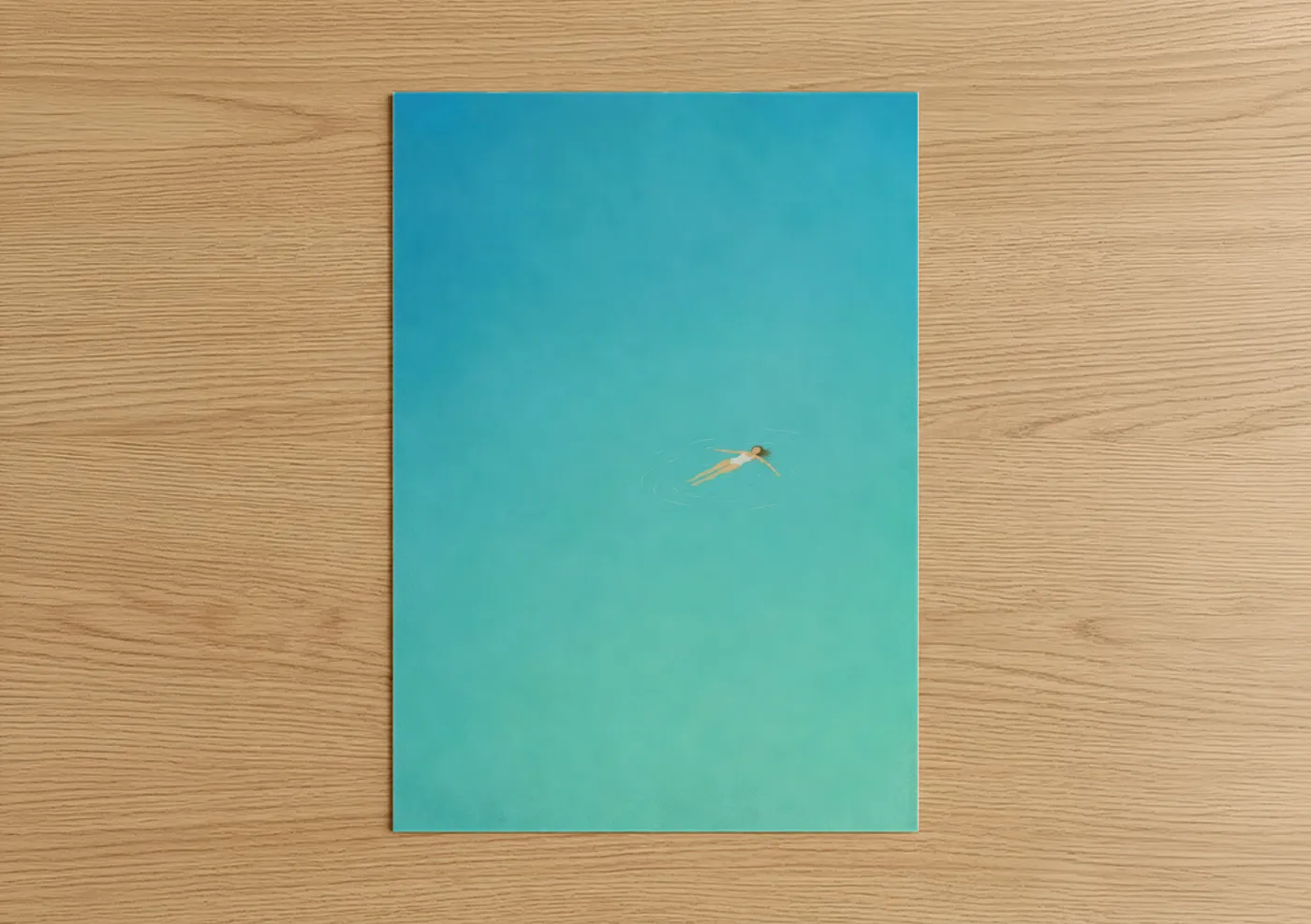 Swimming art print on warm oak wood — turquoise and blue palette — Tranquil Pool Swimmer Wall Art poster