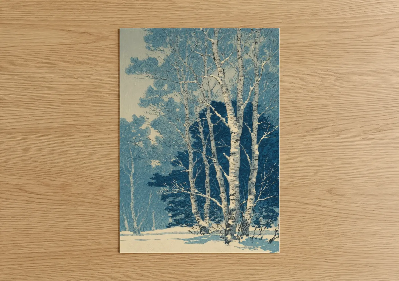 Birch tree art print on warm oak wood — blue and white and blue palette — Snowy Birch Forest poster