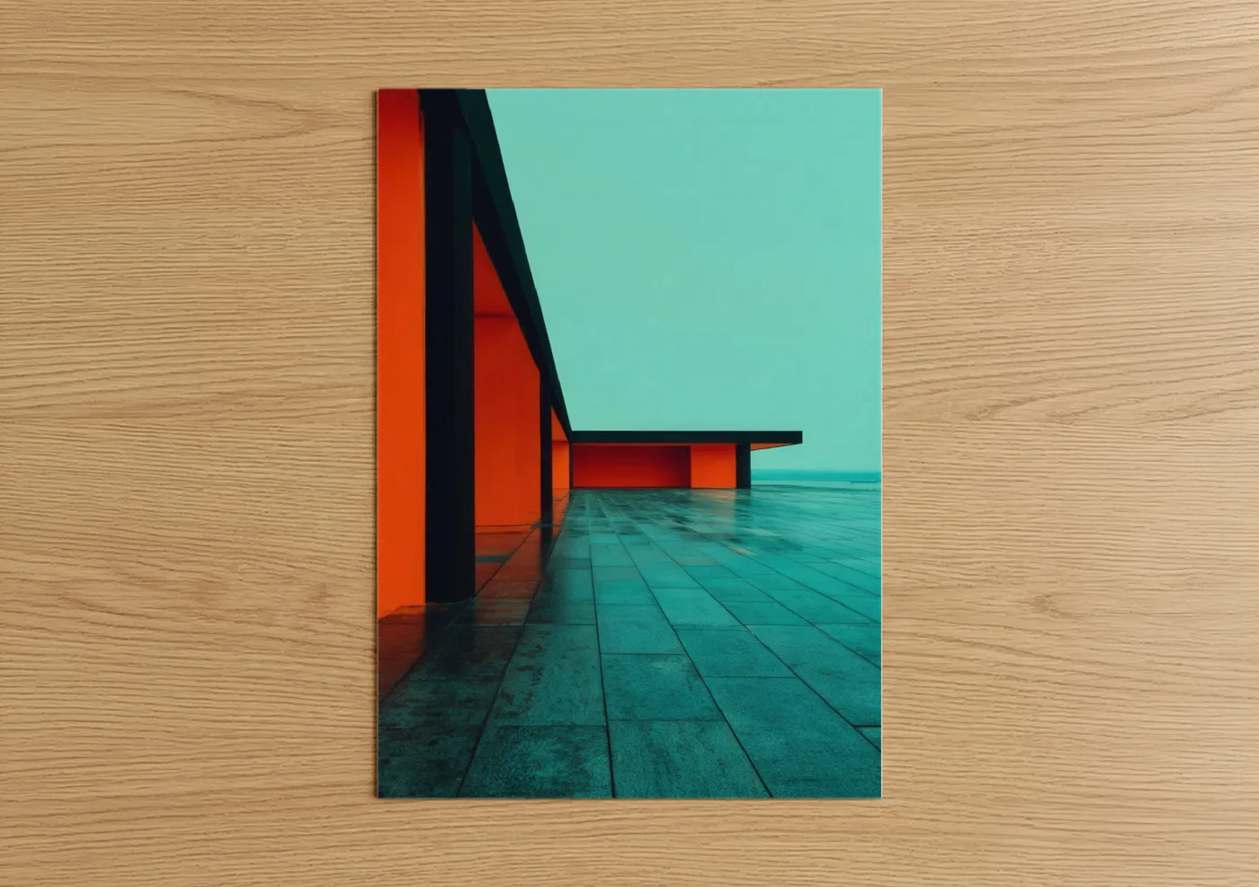 Abstract architecture art print on warm oak wood — red and turquoise palette — Crimson Waterfront poster