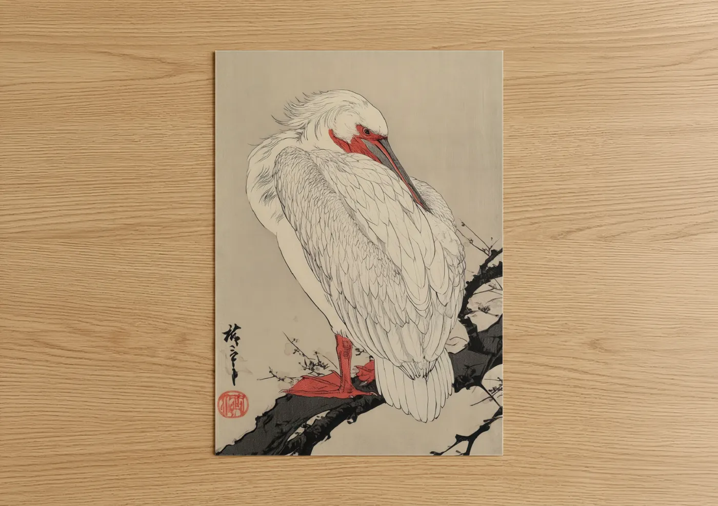 Art print on warm oak wood — cream and red palette — Crimson Pelican poster