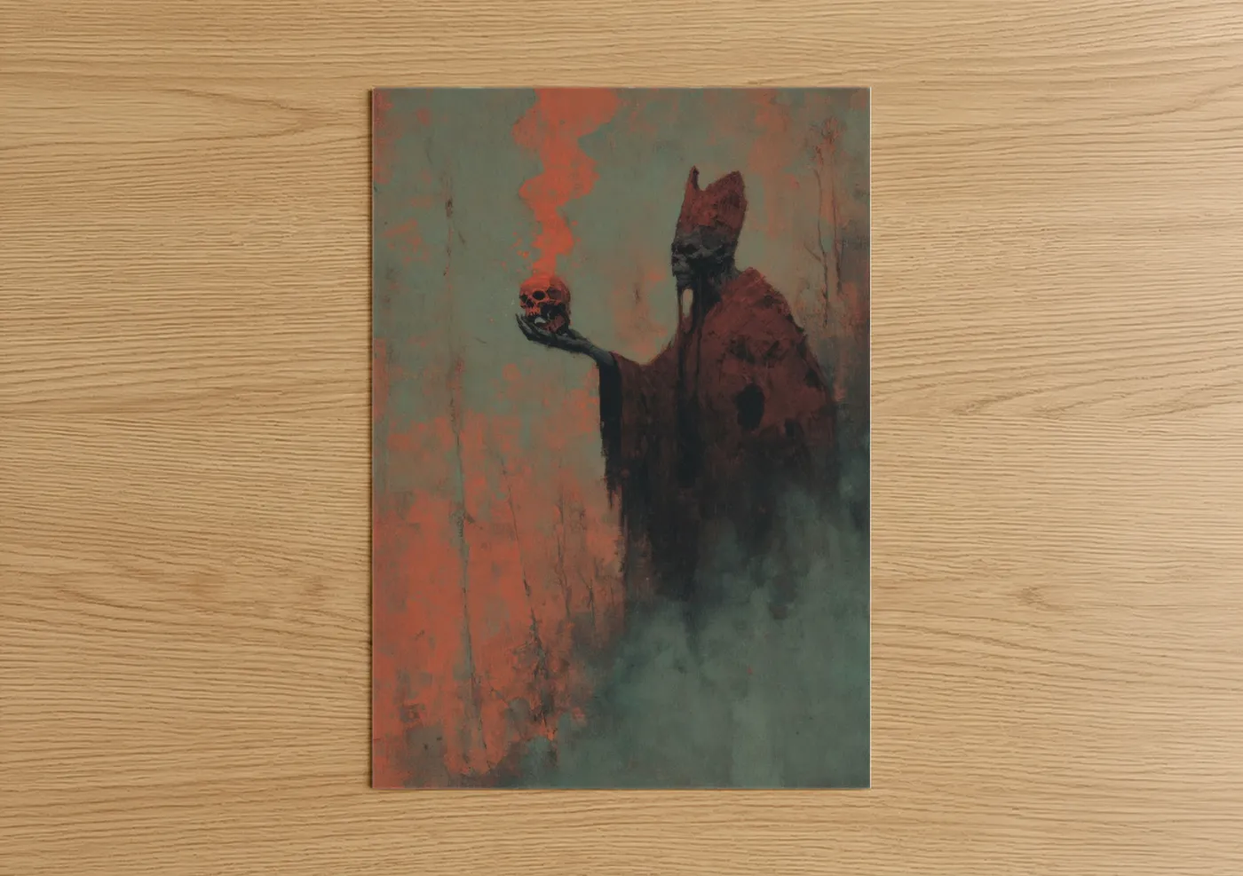 Art print on warm oak wood — maroon and sage green palette — Fiery Orc Menace poster