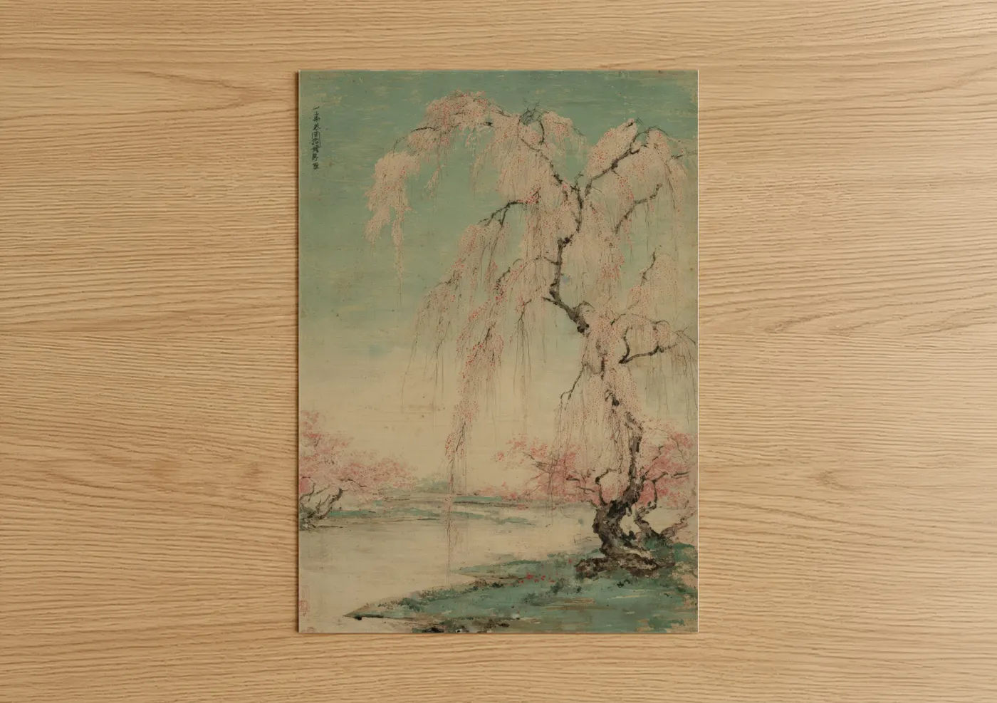 Willow tree art print on warm oak wood — light green and peach palette — Weeping Willow Spring poster