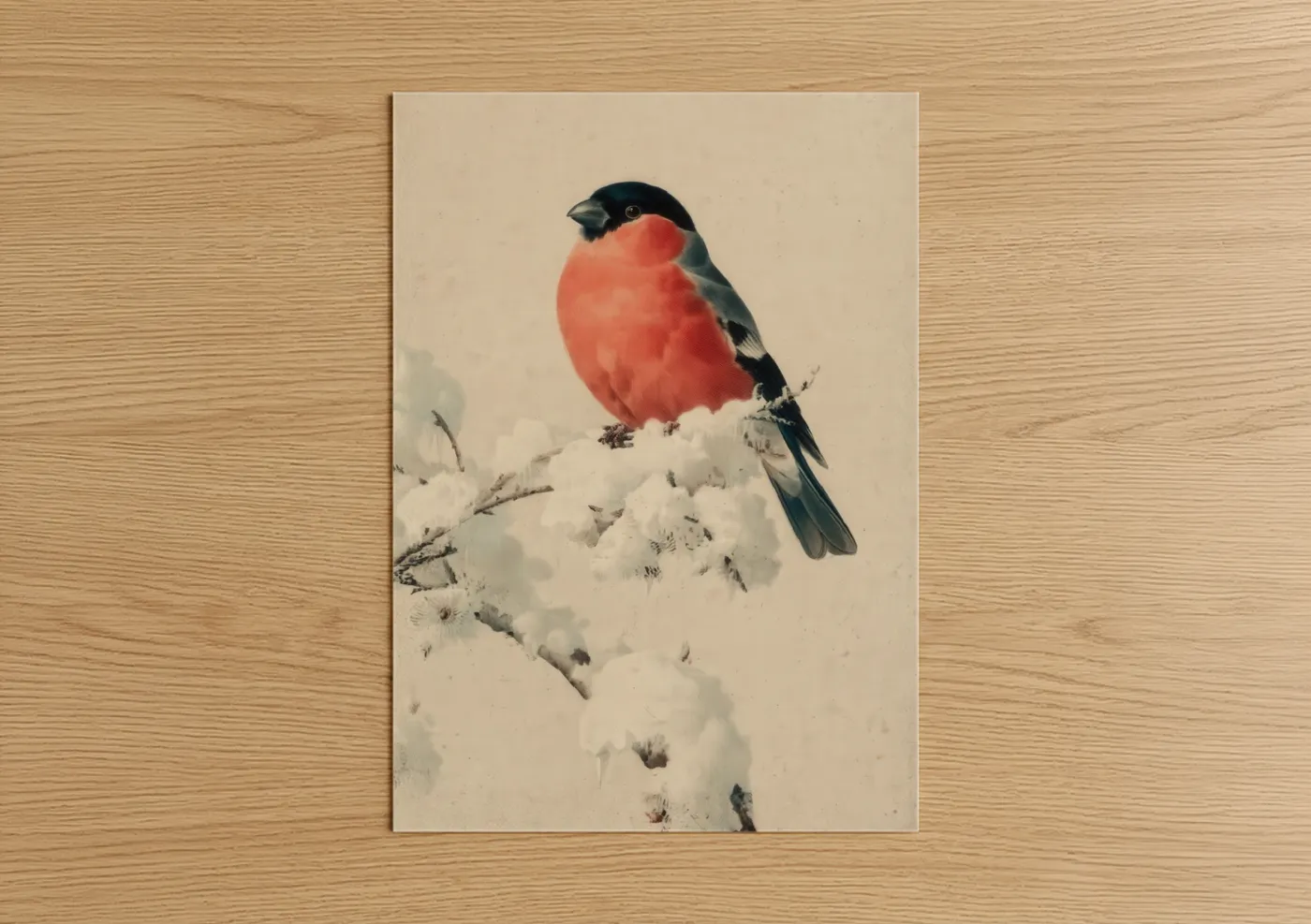 Art print on warm oak wood — red and white palette — Snowy Finch poster