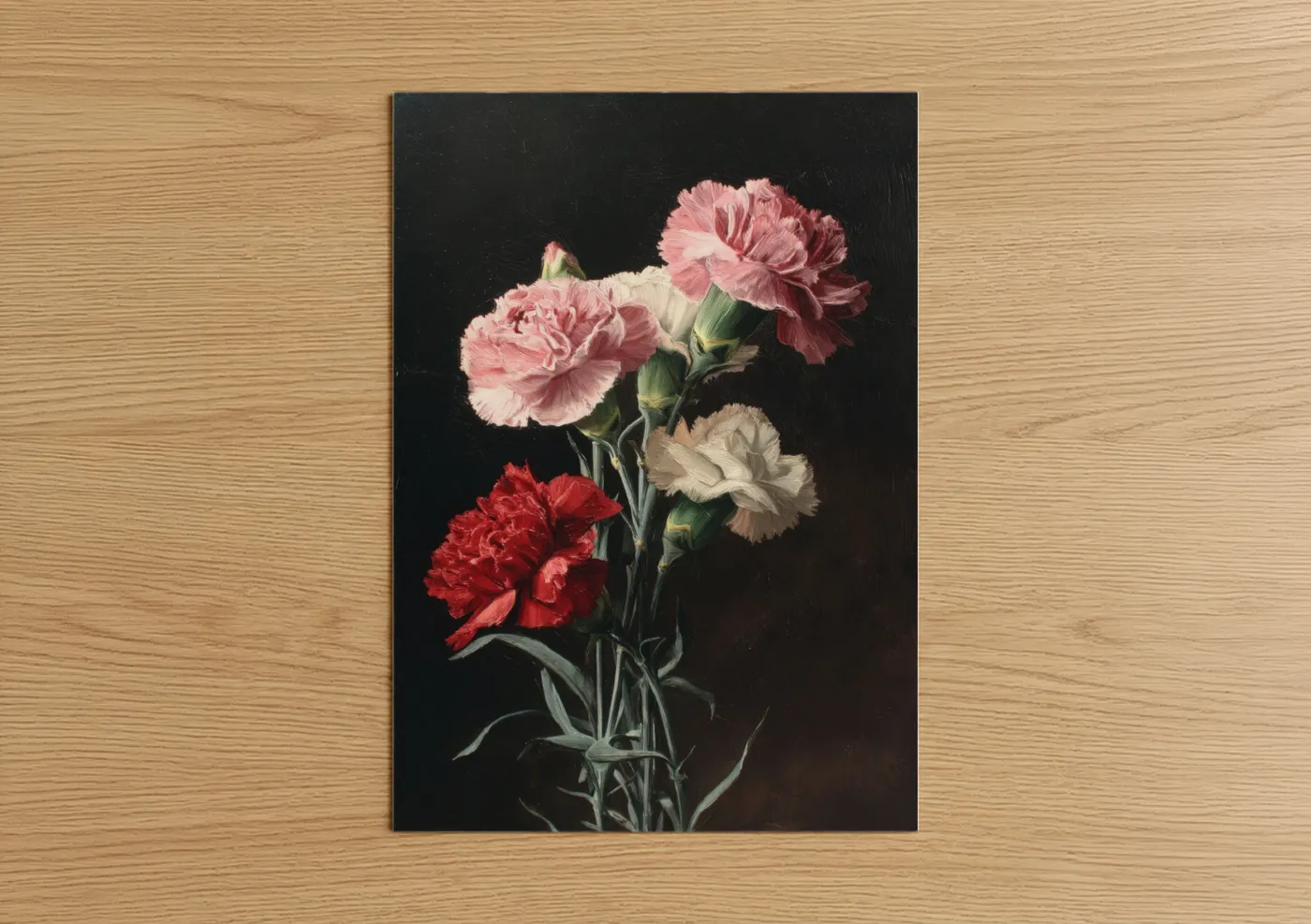 Carnations art print on warm oak wood — pink and black palette — Romantic Carnation Bouquet poster