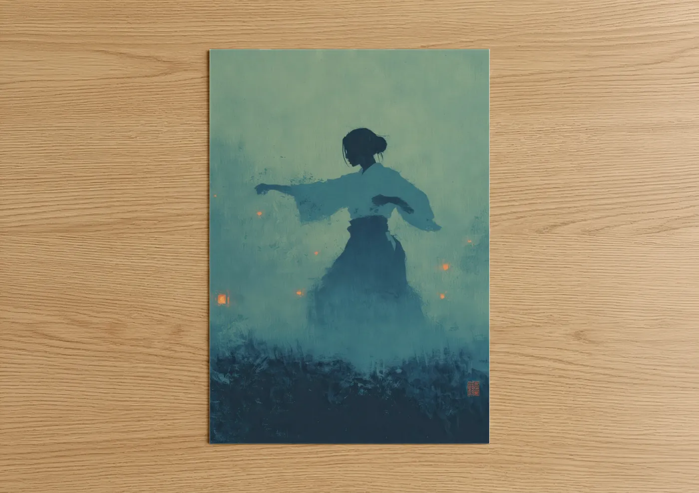 Art print on warm oak wood — blue and teal palette — Ethereal Aikido poster