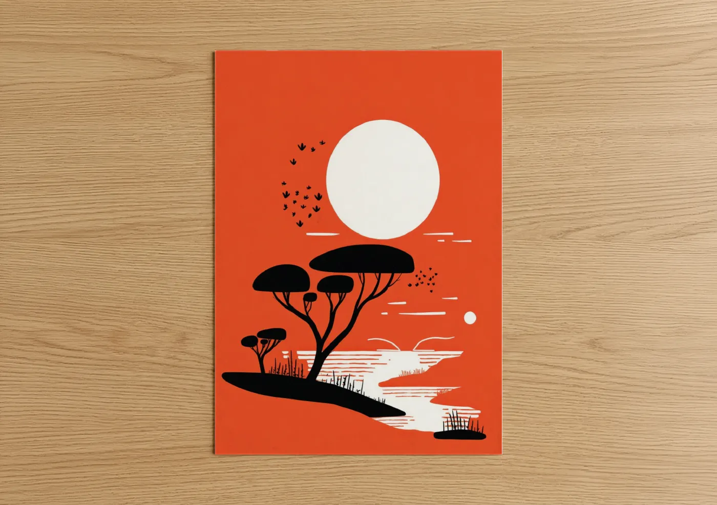 Savanna and desert trees art print on warm oak wood — orange and black and white palette — Savanna Acacia Silhouette poster