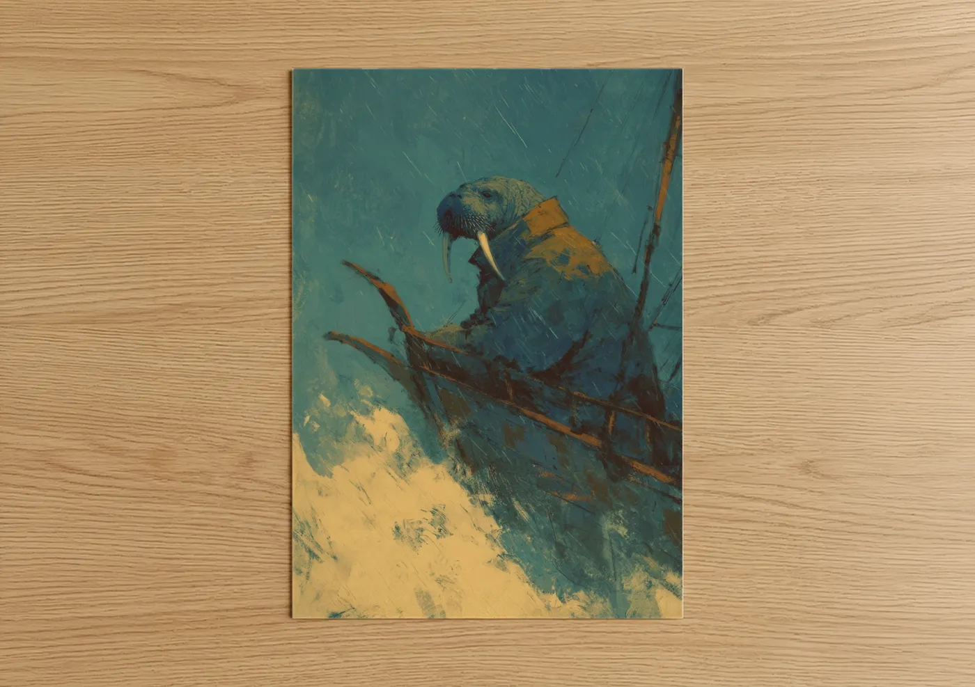 Art print on warm oak wood — teal and gold palette — Arctic Walrus poster