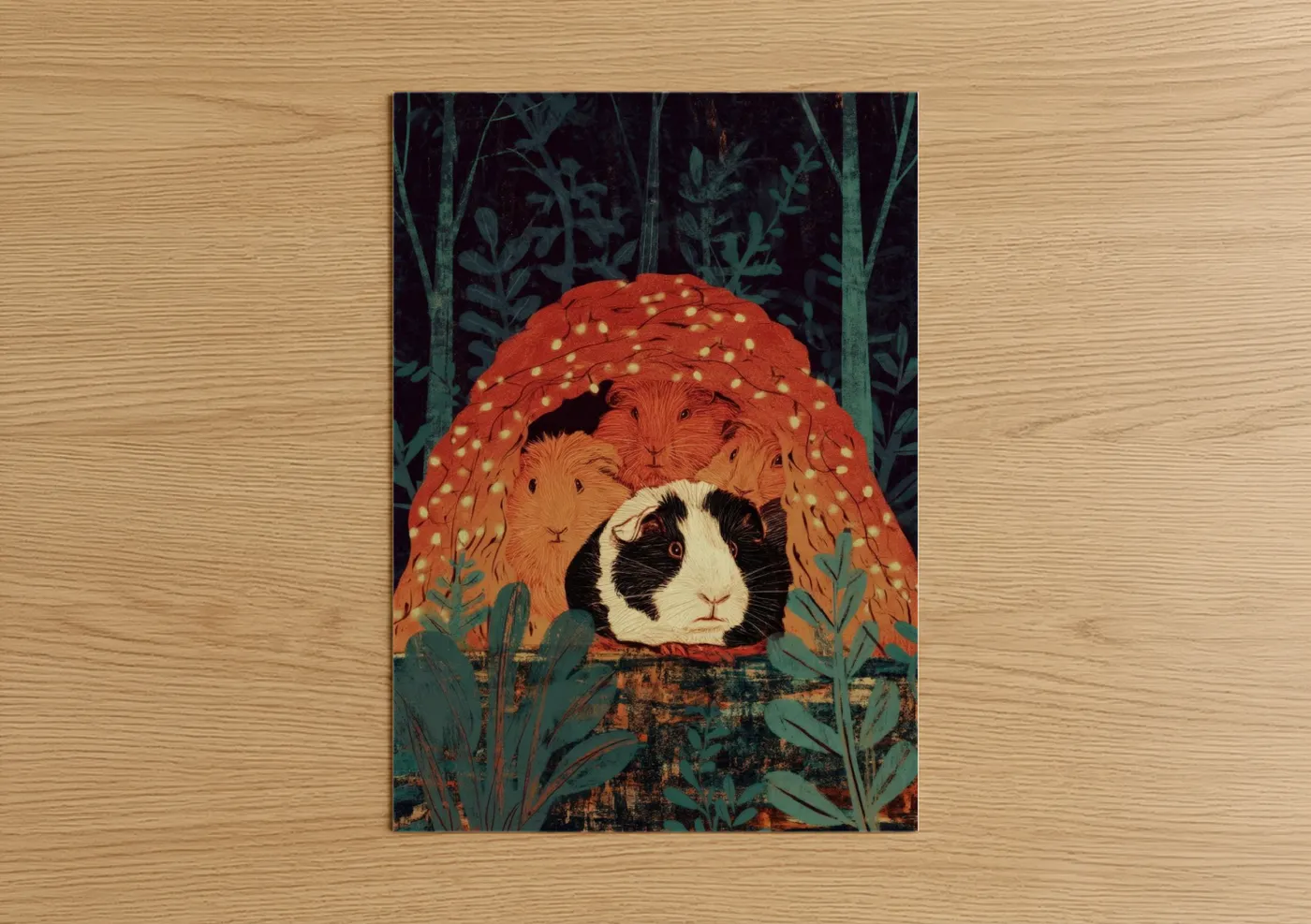 Cozy Guinea Pig Family Forest Illustration Wall Art
