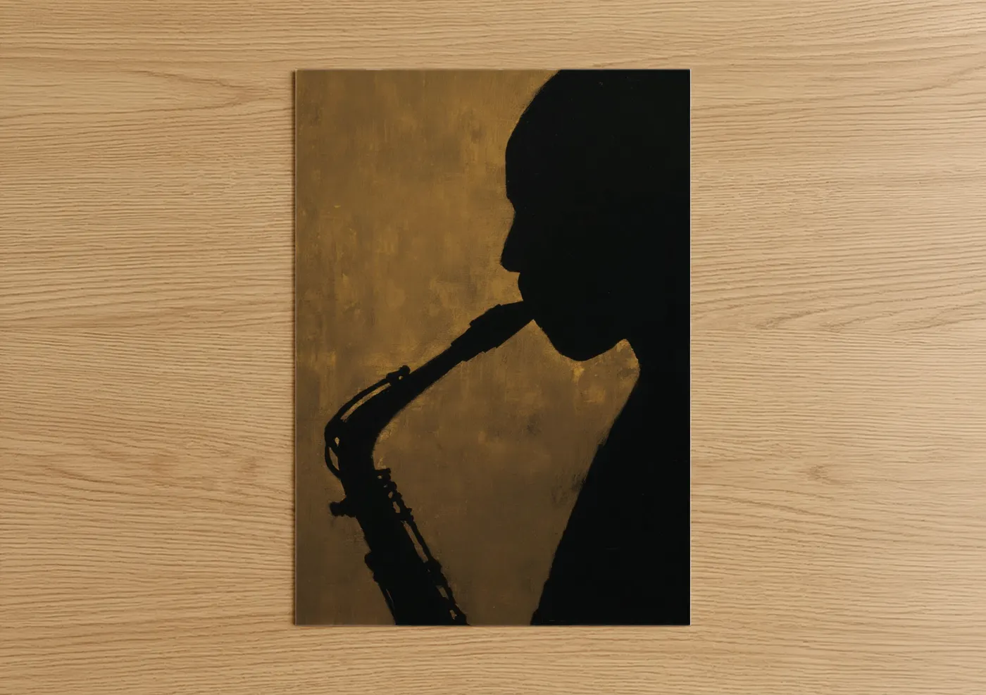 Art print on warm oak wood — gold and black palette — Golden Saxophone Silhouette poster