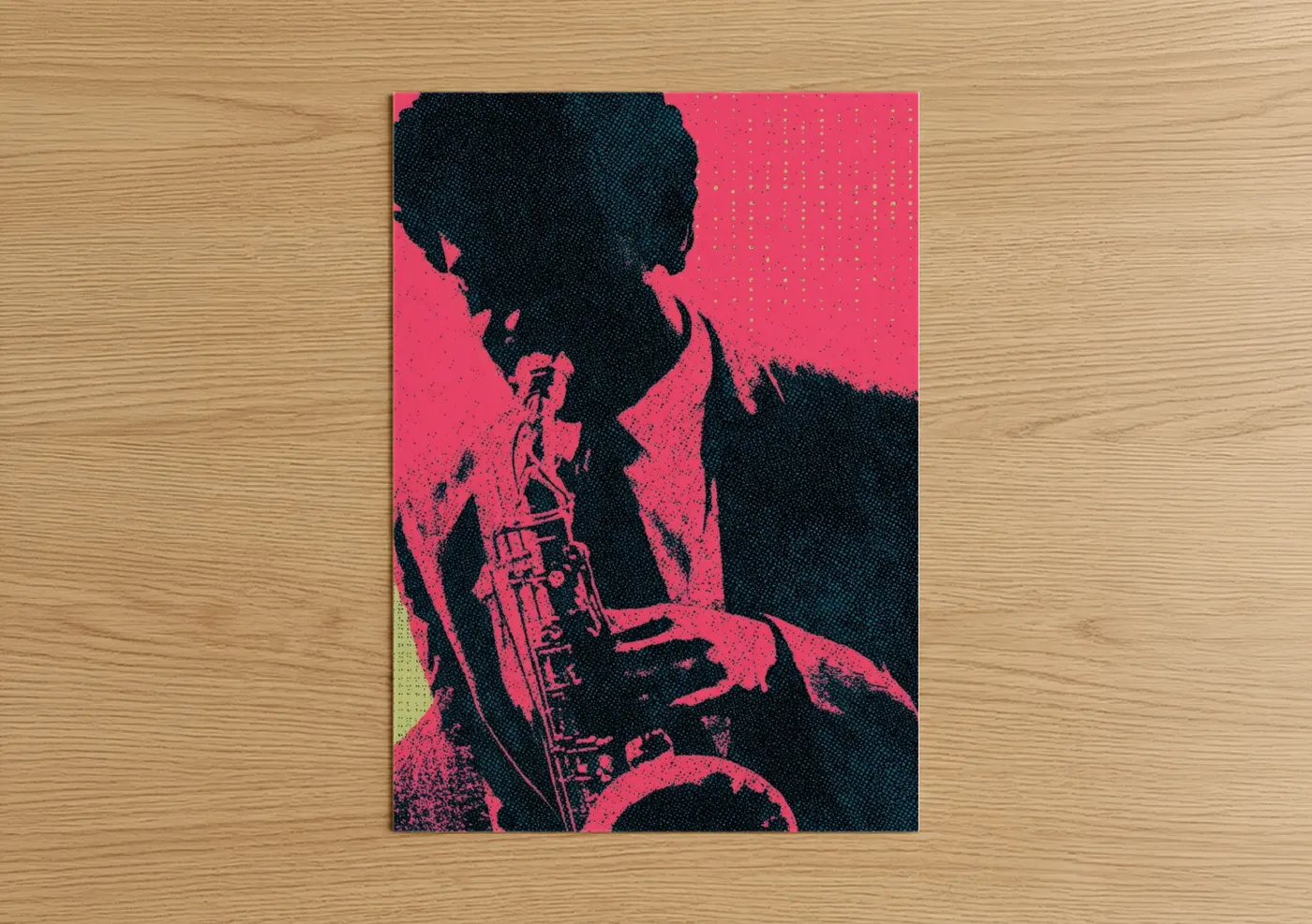 Art print on warm oak wood — magenta and black palette — Neon Jazz Player poster