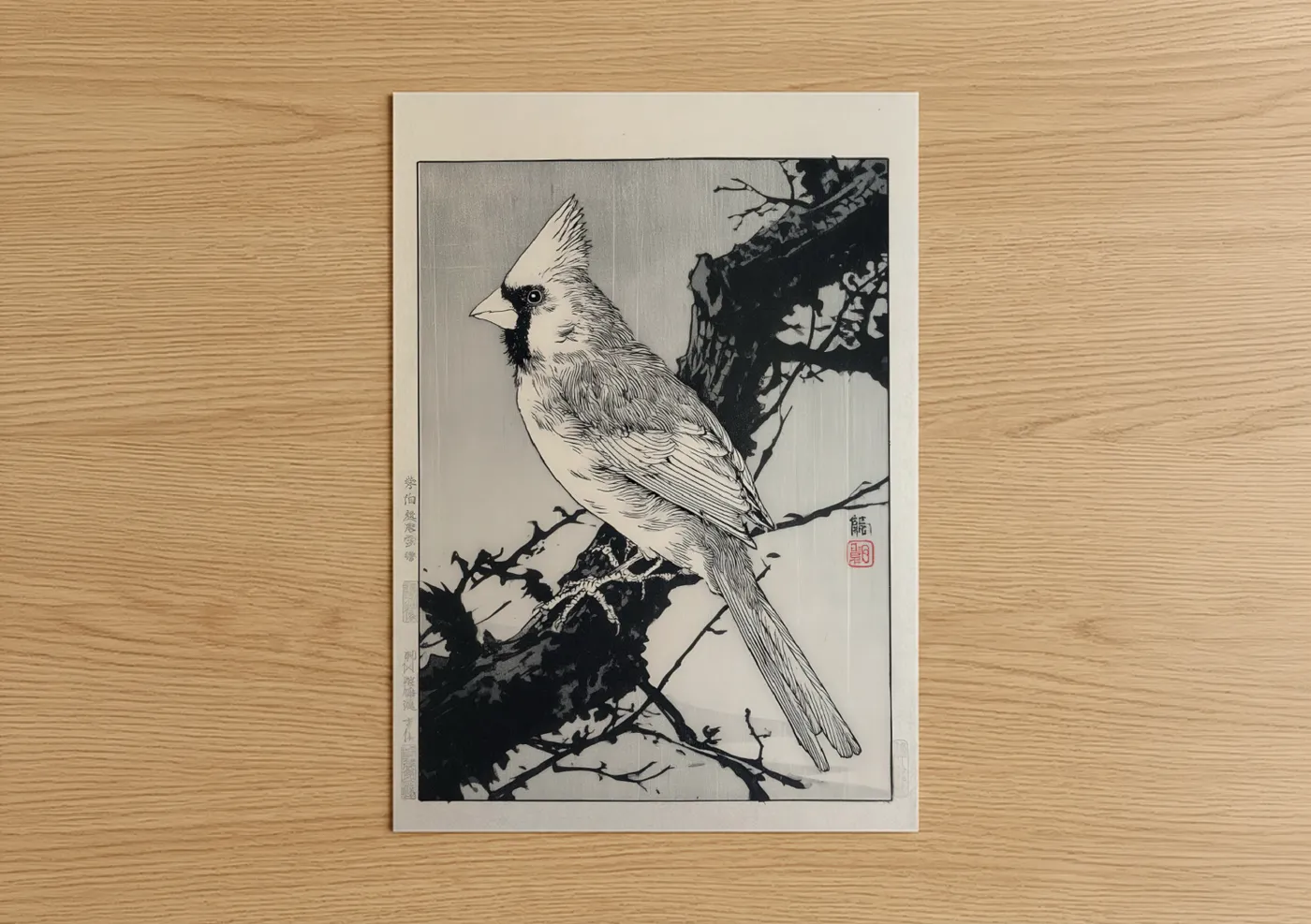 Art print on warm oak wood — black and white palette — Crested Cardinal Branch poster