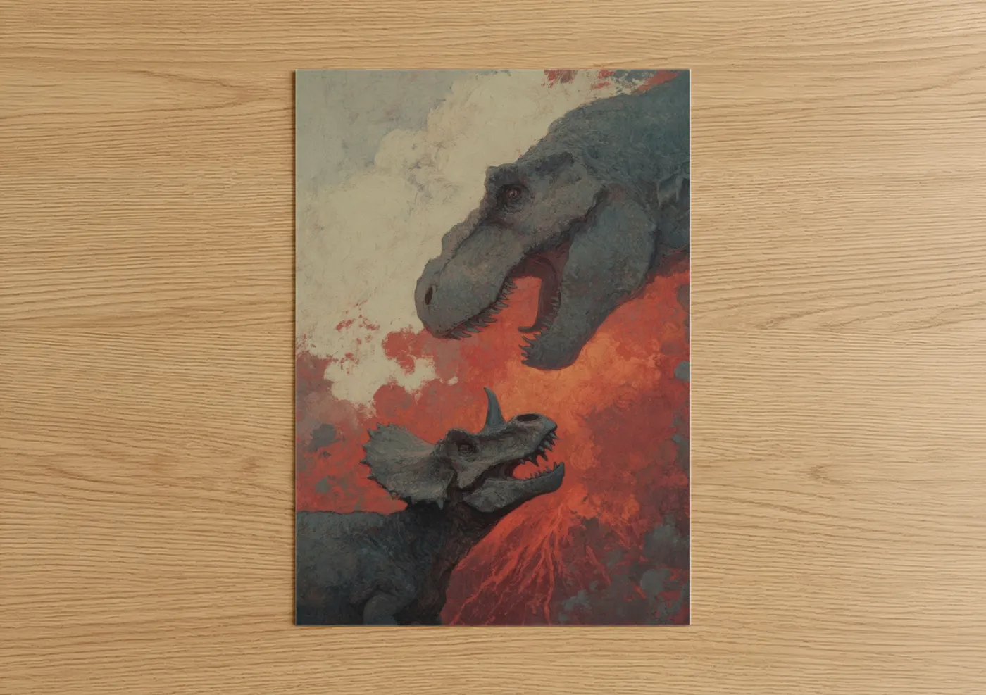 Art print on warm oak wood — gray and red palette — Volcanic Dinosaurs poster