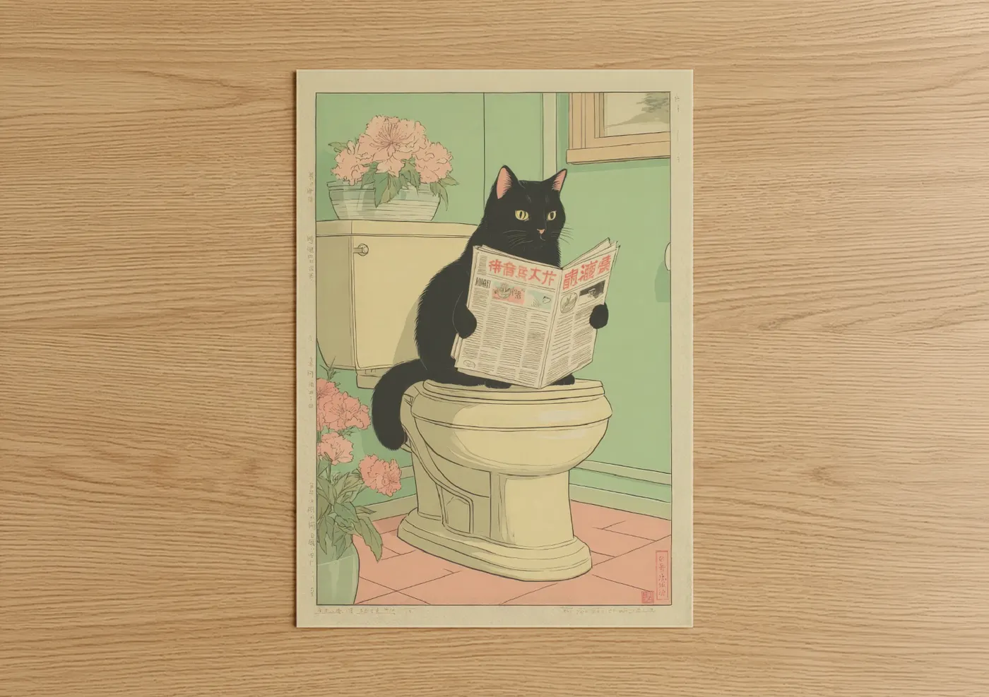 Black Cat Reading Newspaper Japanese Wall Art