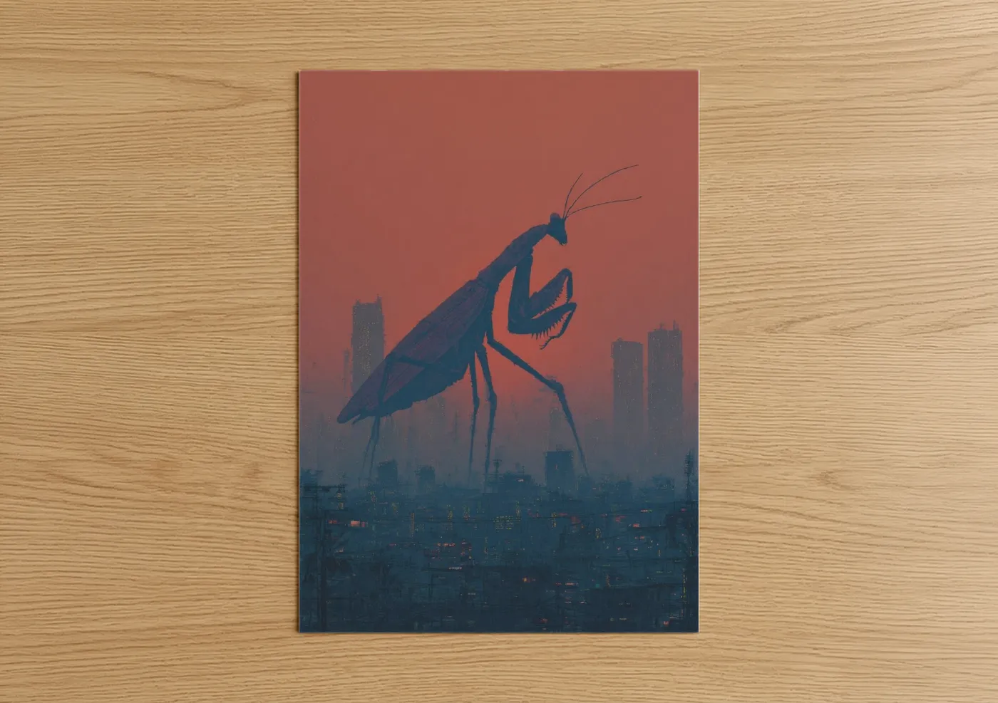 Prayin mantis art print on warm oak wood — russet and dark blue palette — Urban Mantis poster