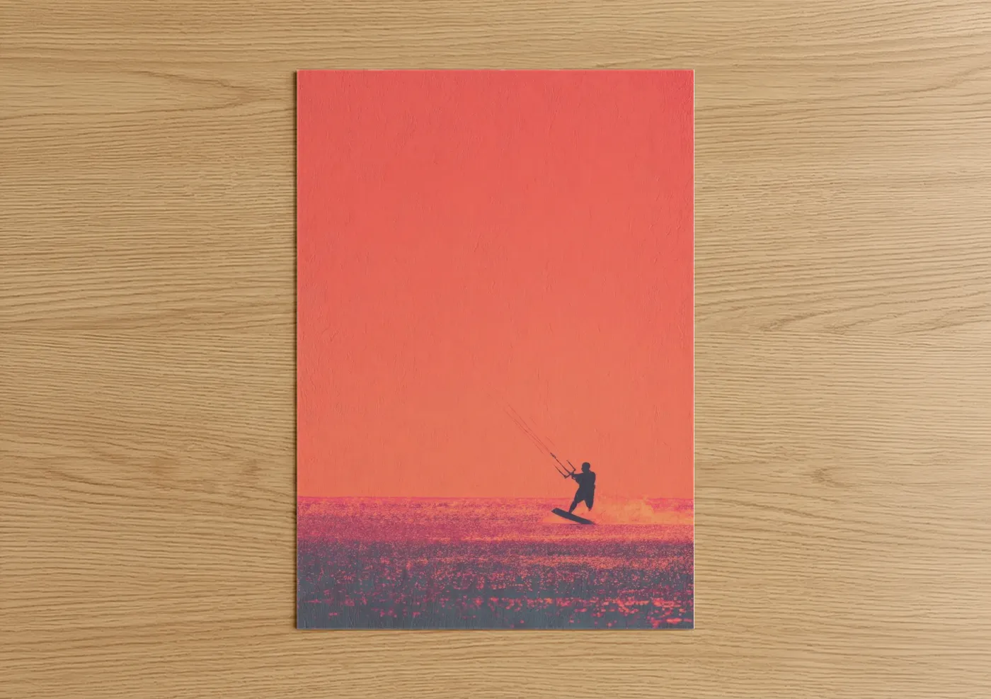 Kite surfing art print on warm oak wood — orange and pink palette — Sunset Kite Surfer poster