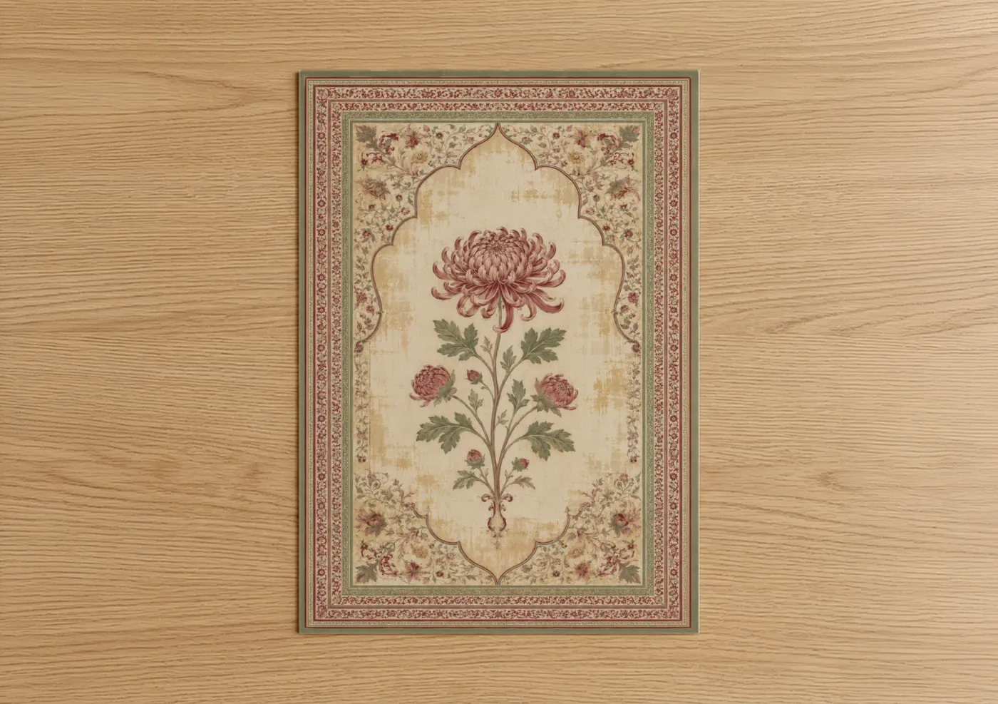 Art print on warm oak wood — beige and maroon palette — Ornate Chrysanthemum Floral Wall Art poster
