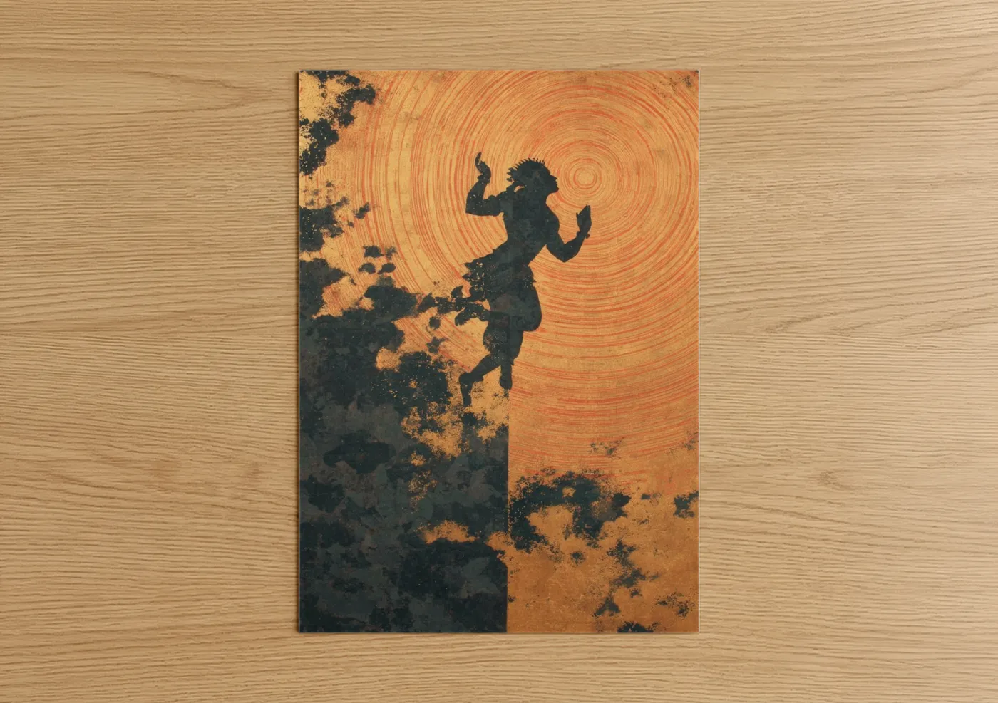 Hindu holidays art print on warm oak wood — orange and black palette — Celestial Dancer poster