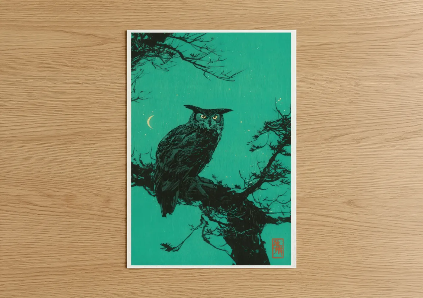 Art print on warm oak wood — teal and black palette — Emerald Night Owl poster