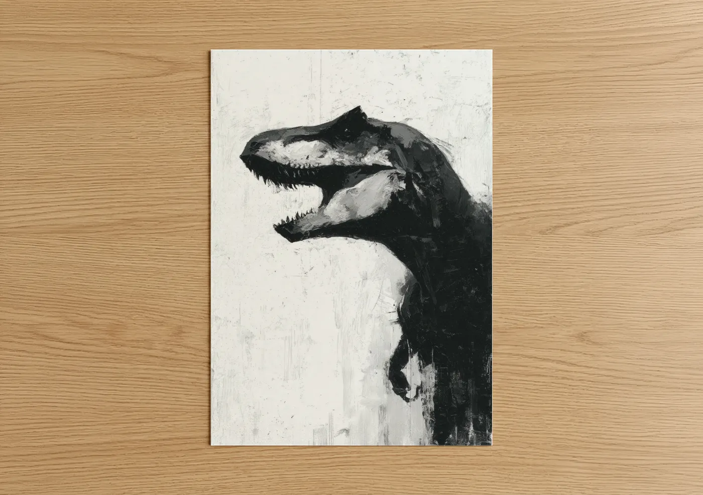 Art print on warm oak wood — black and white palette — Fierce Dinosaur poster