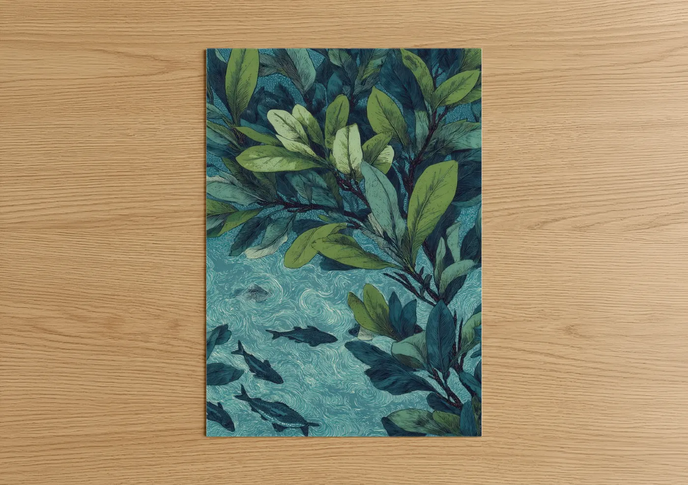 Art print on warm oak wood — teal and light green palette — Coastal Mangrove poster