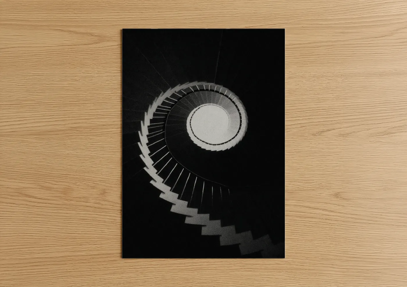 Art print on warm oak wood — black and white palette — Spiral Staircase poster