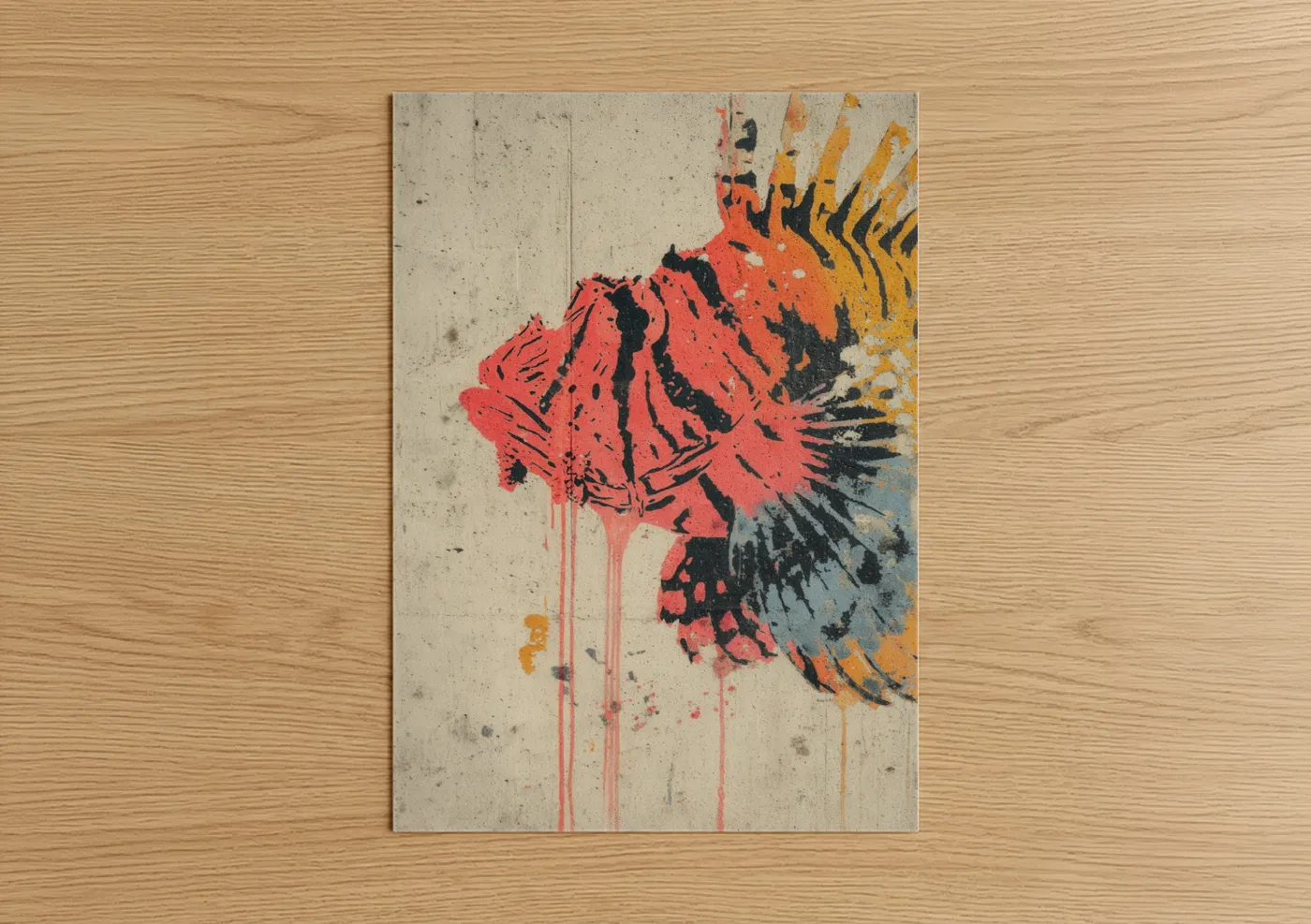 Art print on warm oak wood — red and orange palette — Crimson Lionfish poster