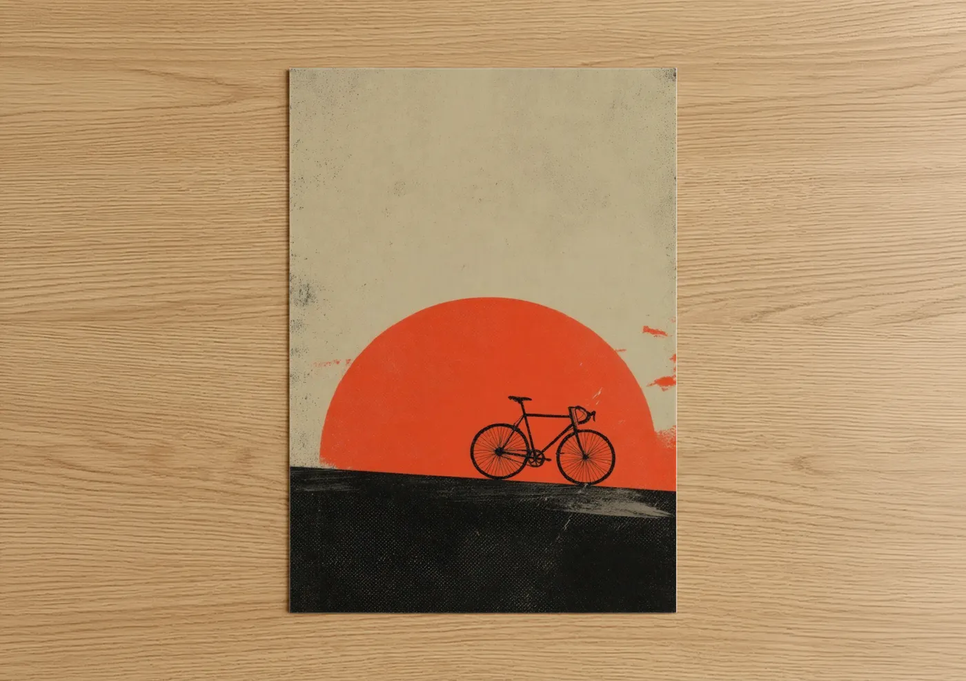 Urban bicycle art print on warm oak wood — red and black palette — Sunset Cyclist poster