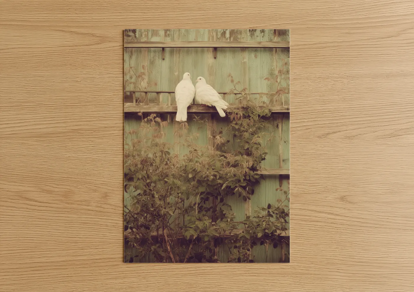 Art print on warm oak wood — cream and sage green palette — Rustic Dove Pair poster