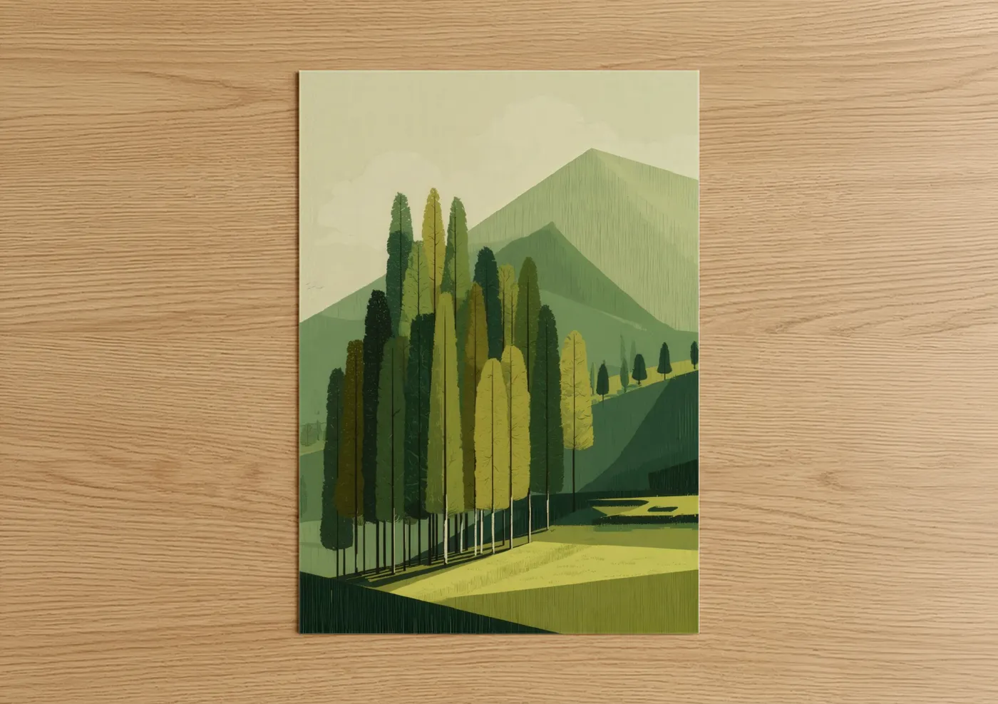 Green field art print on warm oak wood — light green and yellow gold palette — Cypress Valley poster