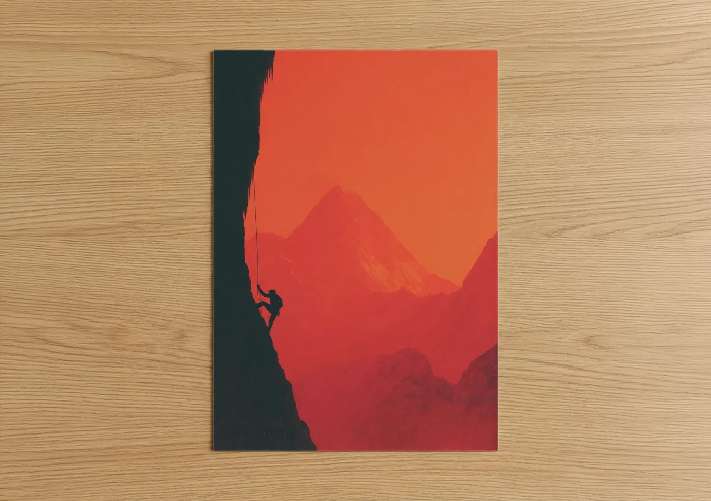 Ice climbing art print on warm oak wood — red and orange palette — Crimson Mountain Climber poster