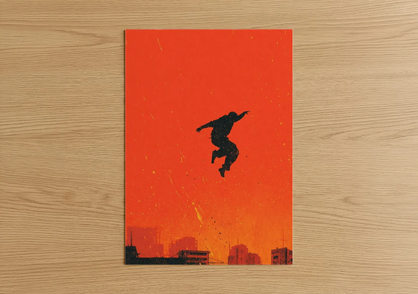 Parkour Silhouette Against Fiery Cityscape Wall Art