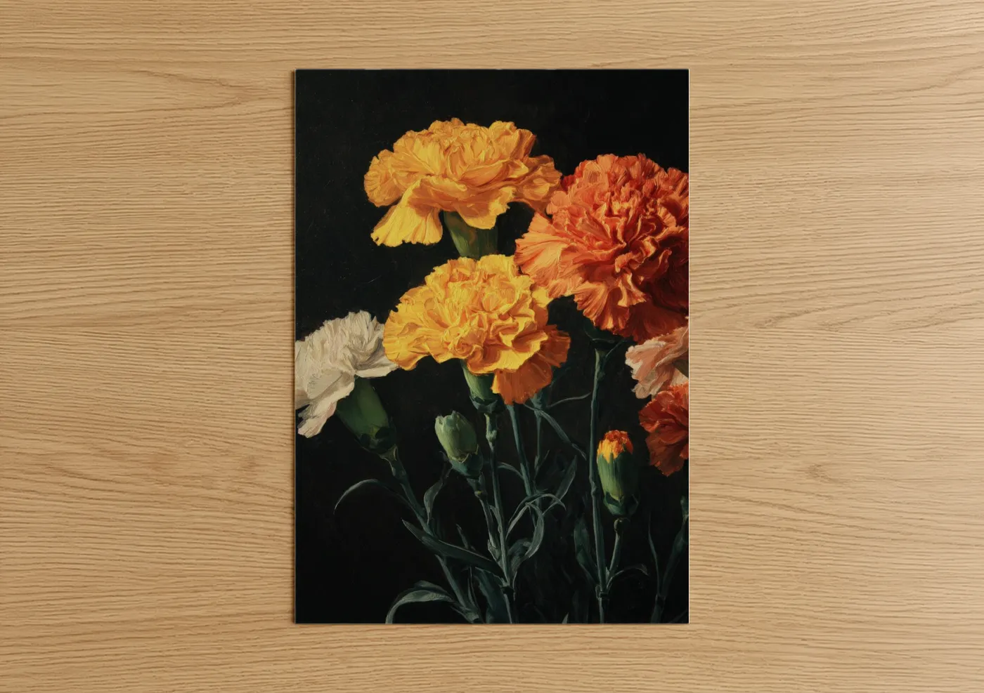 Carnations art print on warm oak wood — gold and orange palette — Golden Carnation Bloom poster