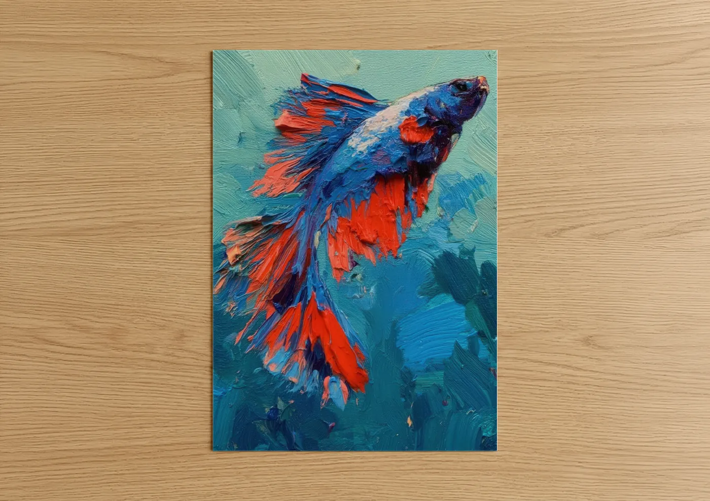 Fighting fish art print on warm oak wood — blue and red palette — Crimson Betta Dance poster