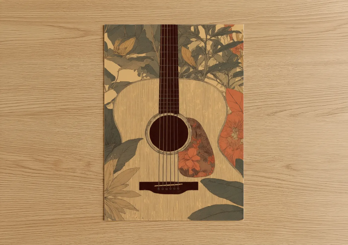 Acoustic guitar art print on warm oak wood — gold and russet palette — Botanical Guitar poster