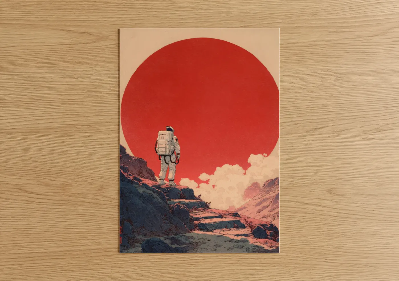 Japanese retrofuturism art print on warm oak wood — red and cream palette — Solitary Astronaut poster