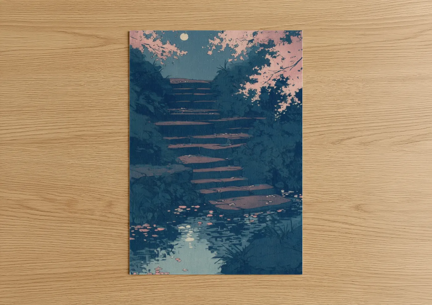 Moonlit Staircase Forest Watercolor Wall Art