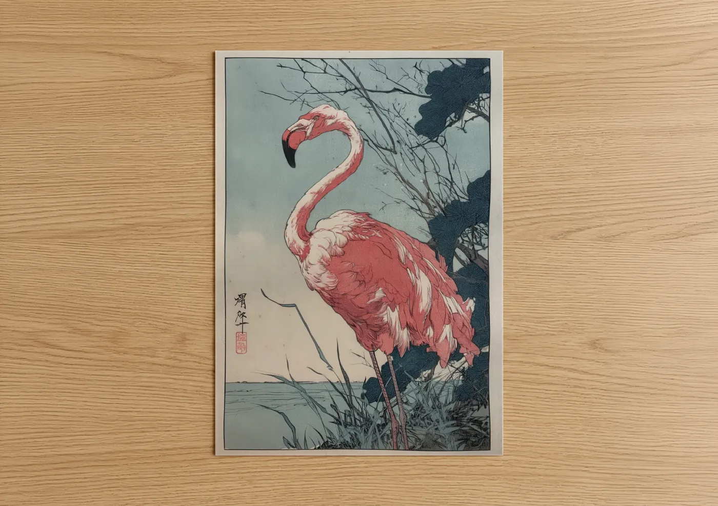Art print on warm oak wood — pink and blue and gray palette — Waterside Flamingo poster