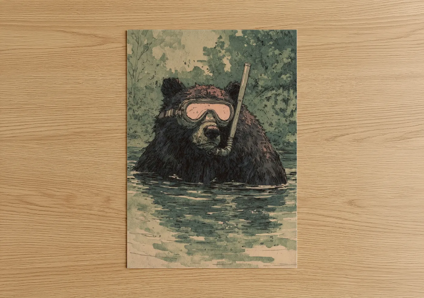 Snorkeling Grizzly Bear Vintage Illustration Wall Art