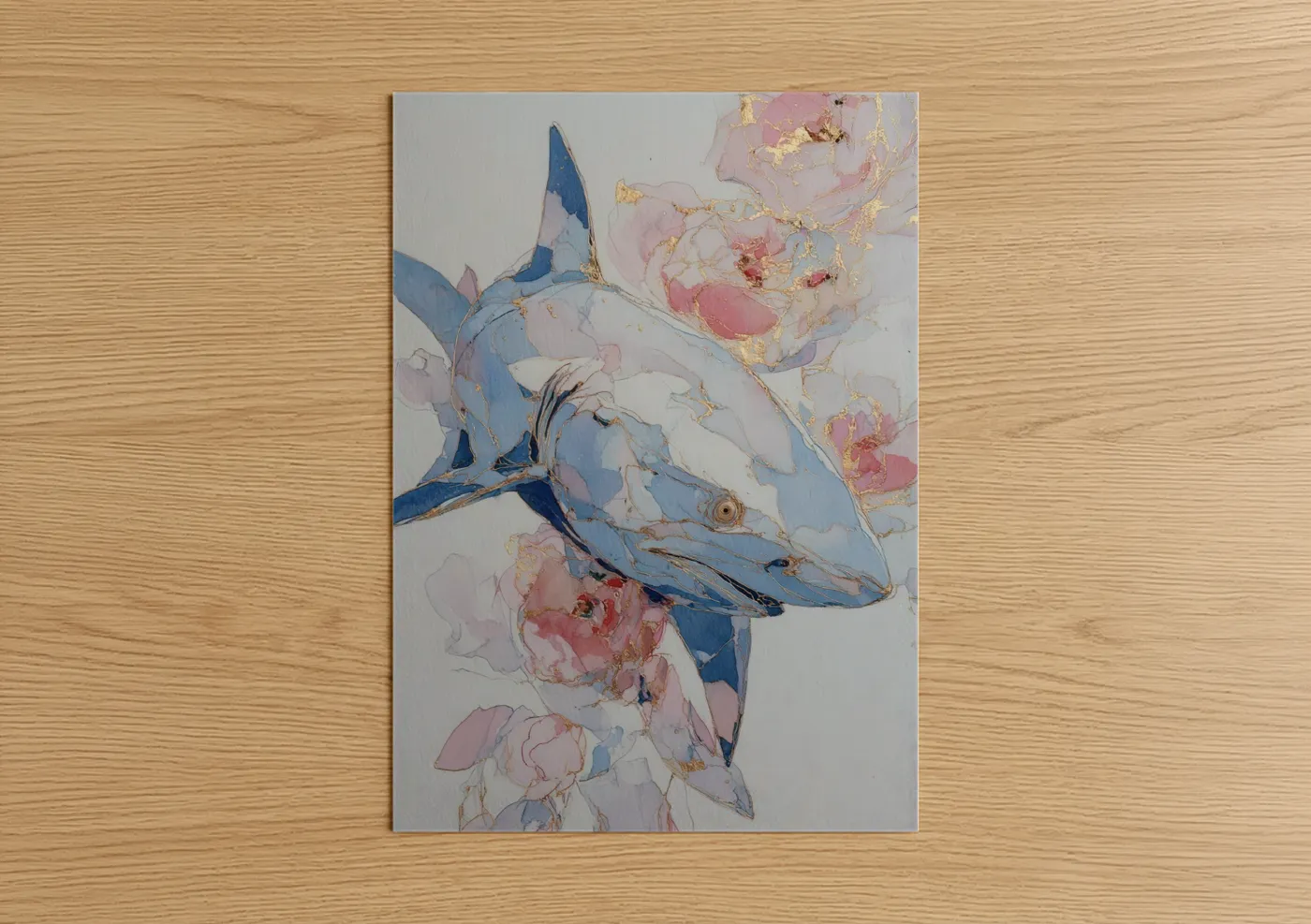 Art print on warm oak wood — blue and pink palette — Azure Bull Shark poster