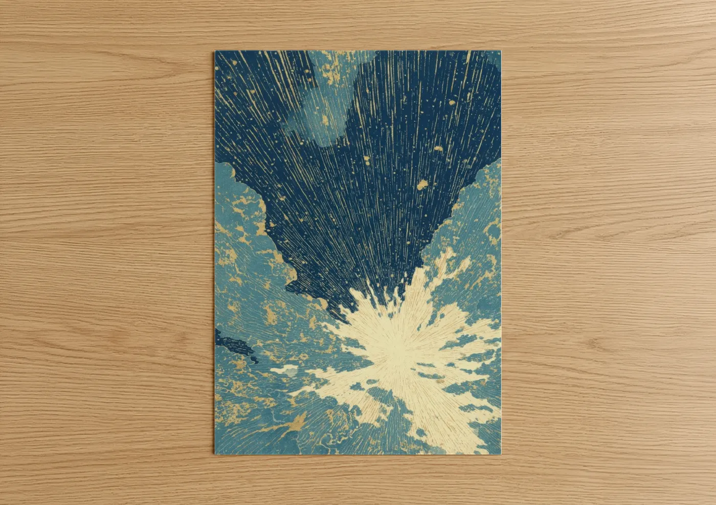 Art print on warm oak wood — blue and gold palette — Radiant Star Burst poster