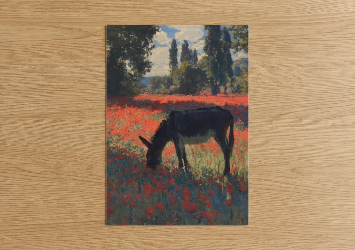 Art print on warm oak wood — red and blue and green palette — Poppy Field Donkey poster