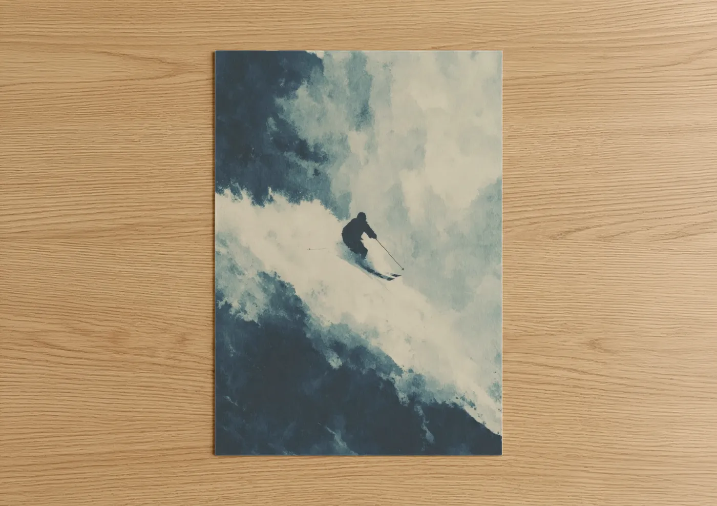 Skiing art print on warm oak wood — blue and white and gray palette — Alpine Descent poster