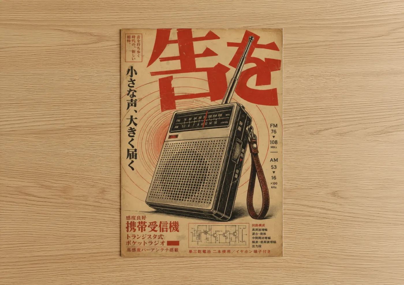 Vintage japanese ads art print on warm oak wood — red and cream palette — Vintage Japanese Radio Advertisement Wall Art poster