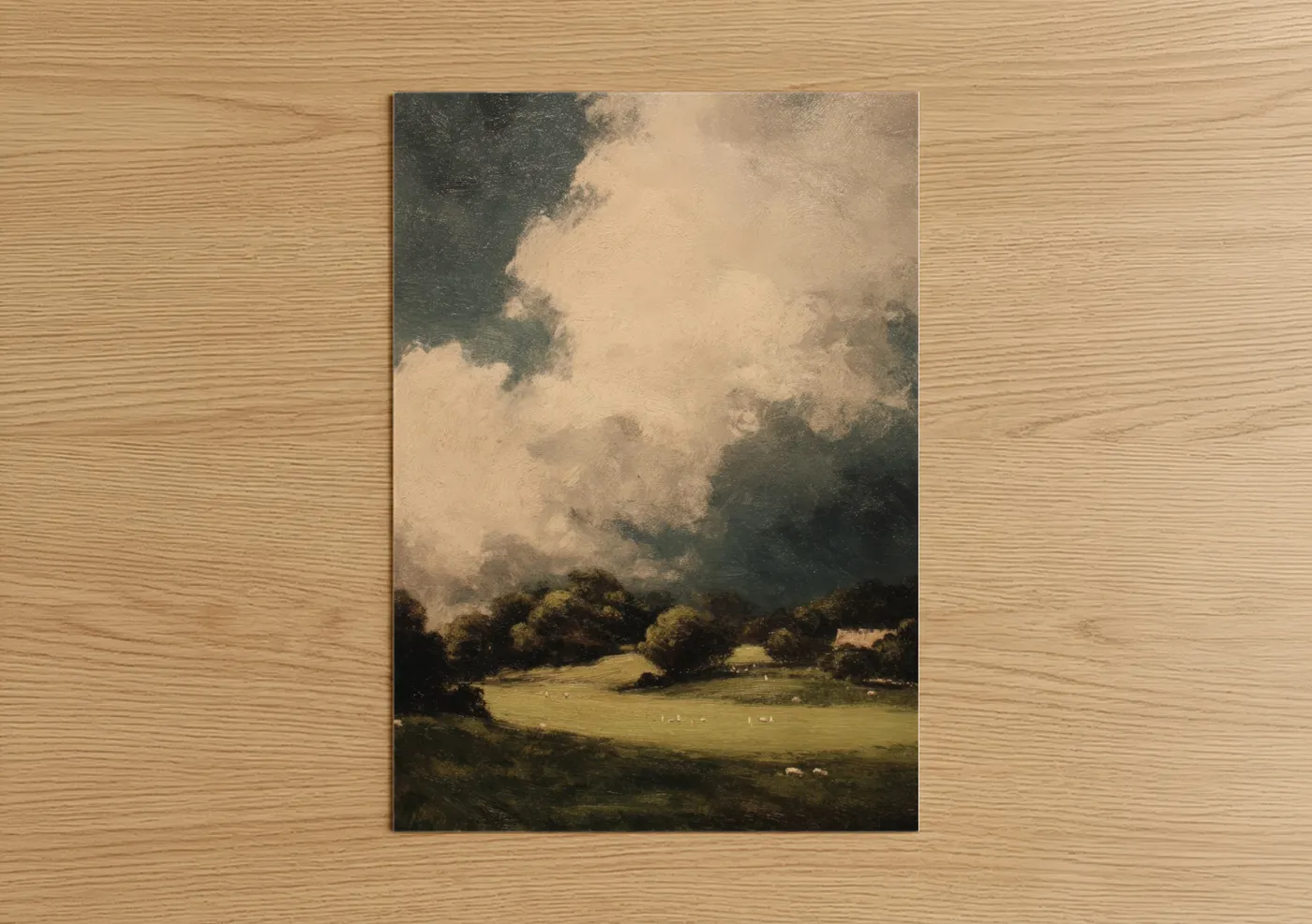 Art print on warm oak wood — true green and gray palette — Storm Cricket Field poster