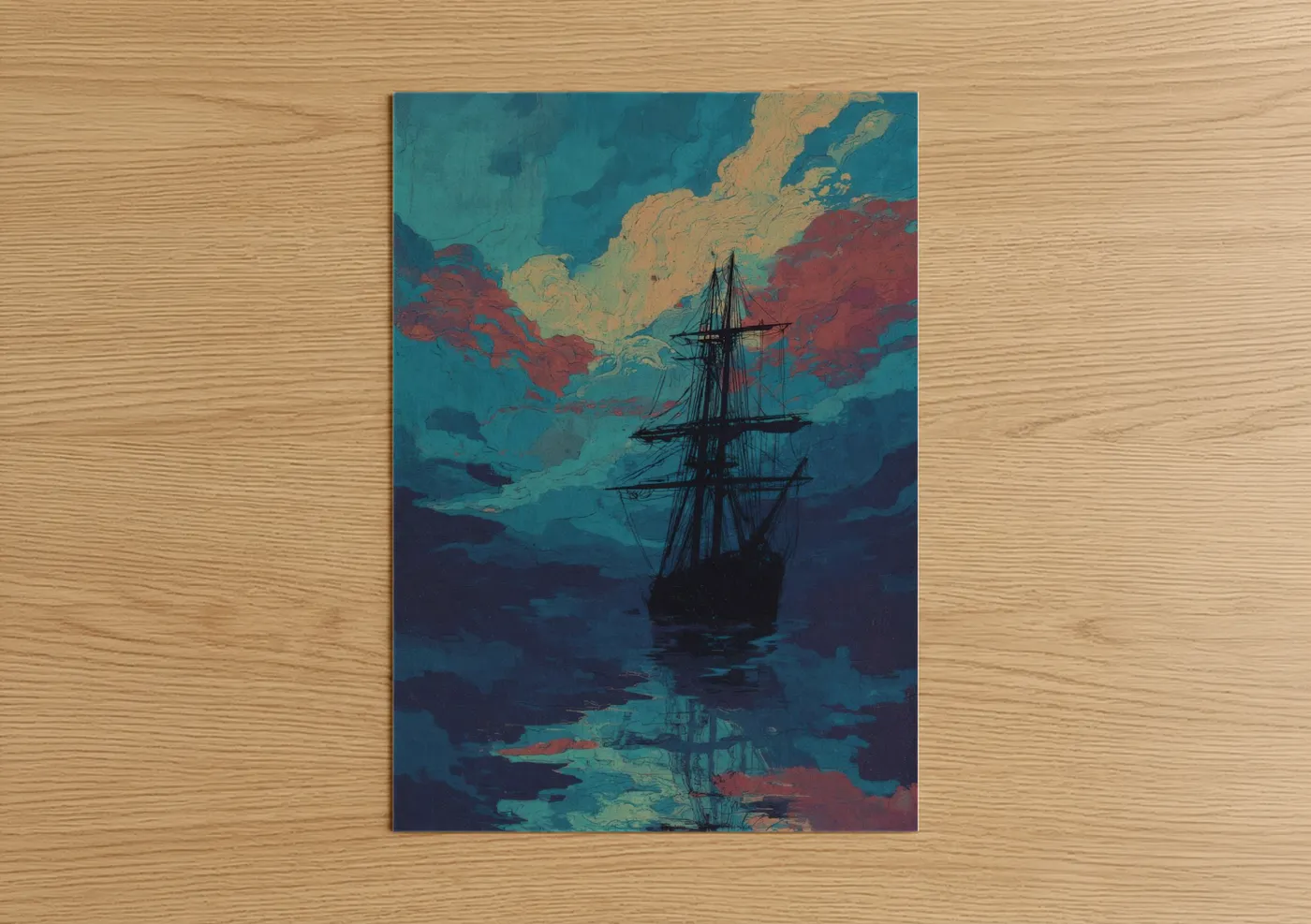 Sailing ship art print on warm oak wood — teal and maroon palette — Crimson Voyage poster