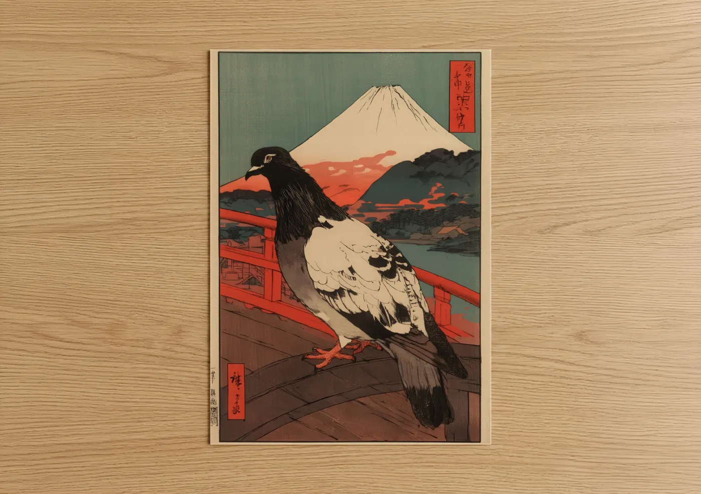 Art print on warm oak wood — cream and russet palette — Fuji Pigeon poster